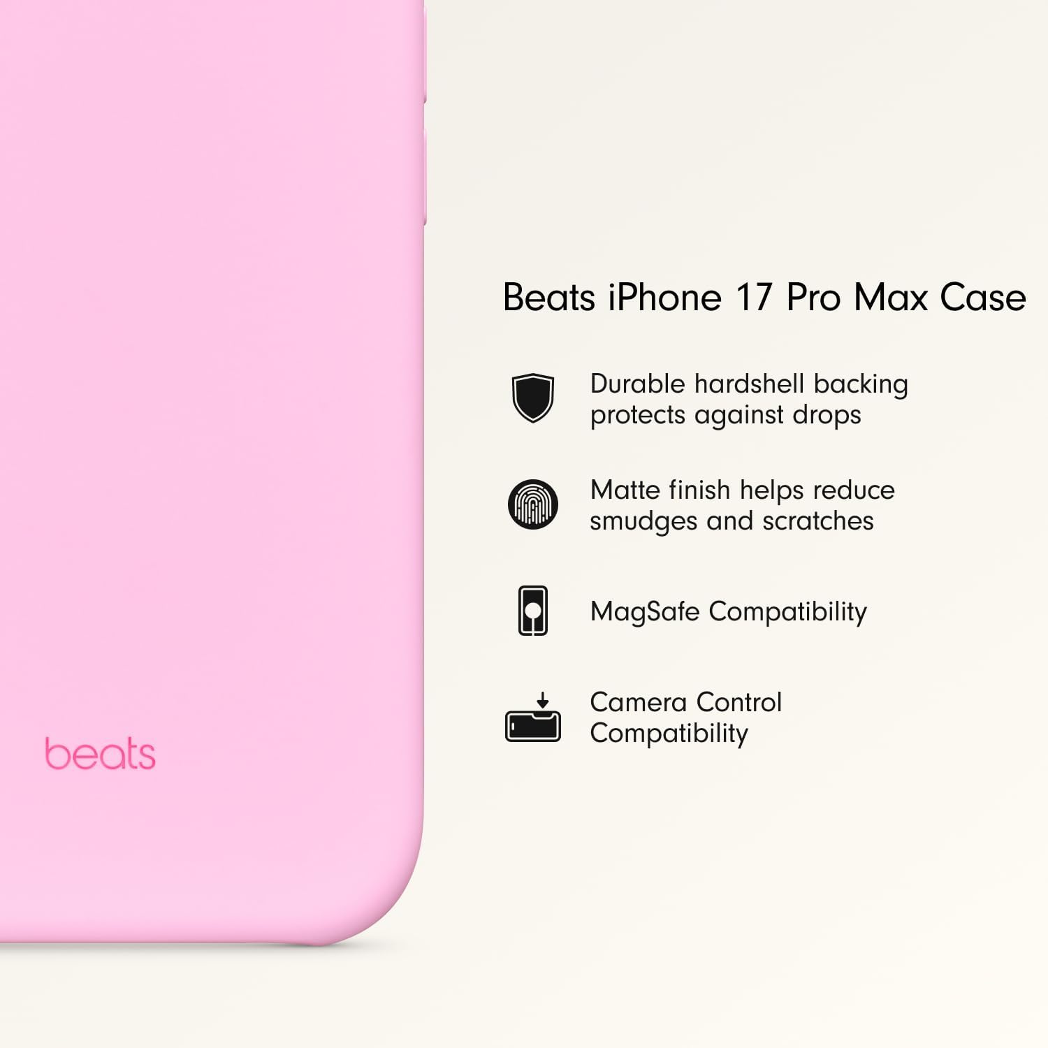 Beats iPhone 17 Pro Max Case with MagSafe & Camera Control, Matte Finish, Microfiber Lining – Pebble Pink