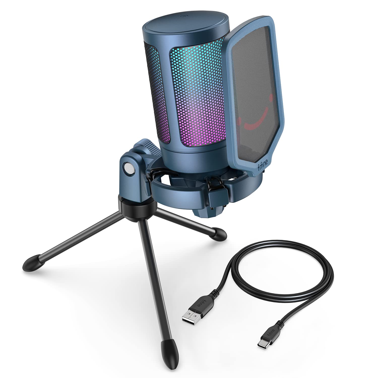 FIFINE Gaming USB Microphone for PC PS5, Condenser Mic with Quick Mute, RGB Indicator, Tripod Stand, Pop Filter, Shock Mount, Gain Control for Streaming Discord Twitch Podcasts Videos- AmpliGame