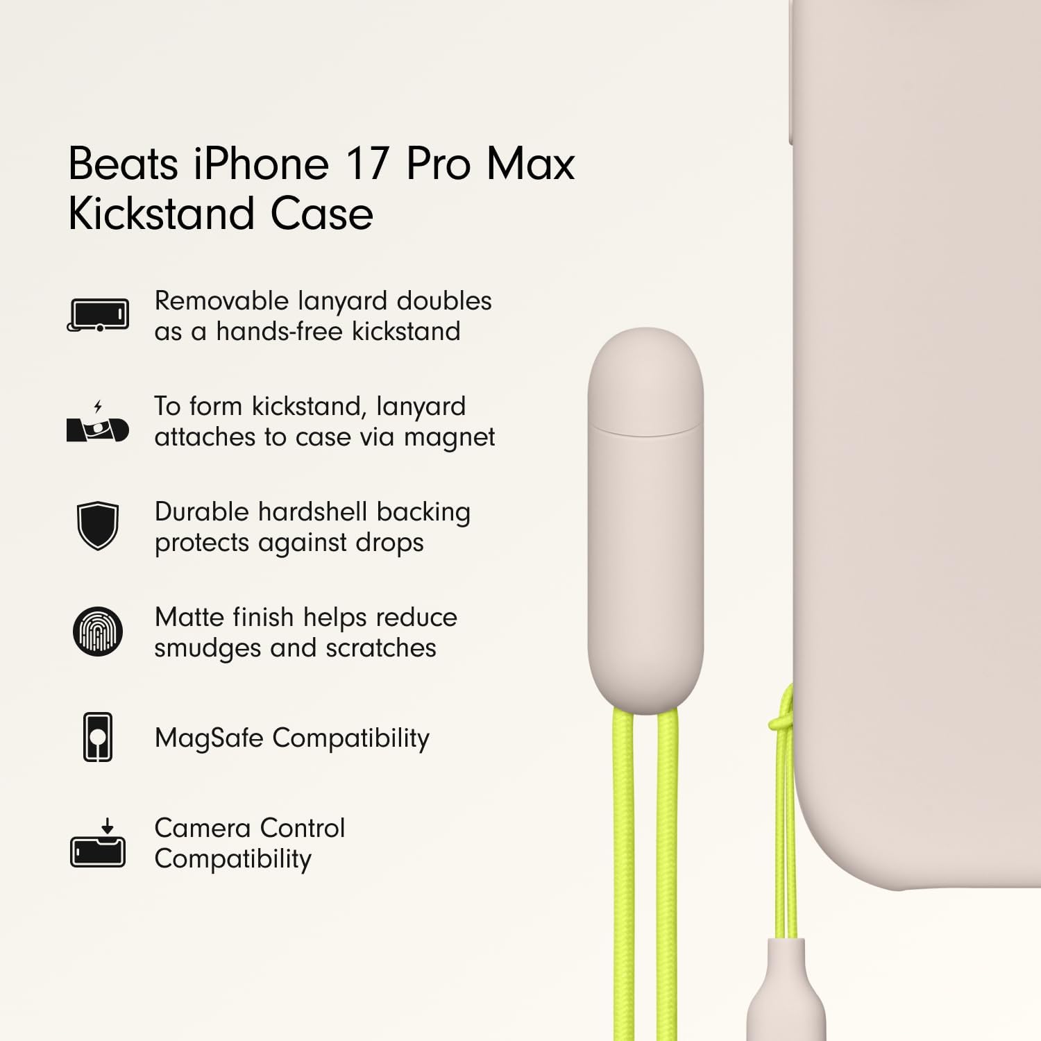Beats iPhone 17 Pro Max Kickstand Case with MagSafe & Camera Control, Built in Stand & Lanyard, Matte Finish with Microfiber Lining – Limestone