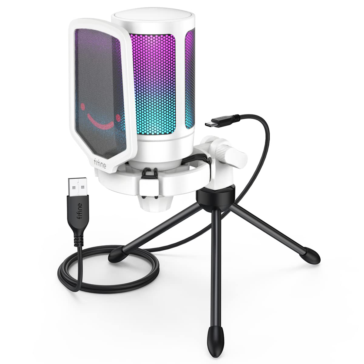 FIFINE Gaming USB Microphone for PC PS5, Condenser Mic with Quick Mute, RGB Indicator, Tripod Stand, Pop Filter, Shock Mount, Gain Control for Streaming Discord Twitch Podcasts Videos- AmpliGame