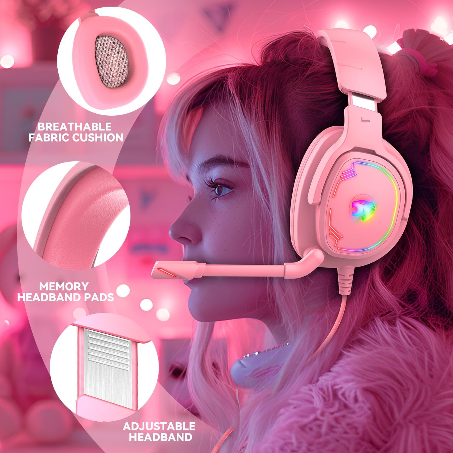 Gaming Headset for PC/PS4/PS5/Xbox One/Switch, Stereo Surround Sound Gaming Headphones with Noise Canceling Flexible Mic, Computer Headset with 3.5mm Jack & RGB Light (Pink)