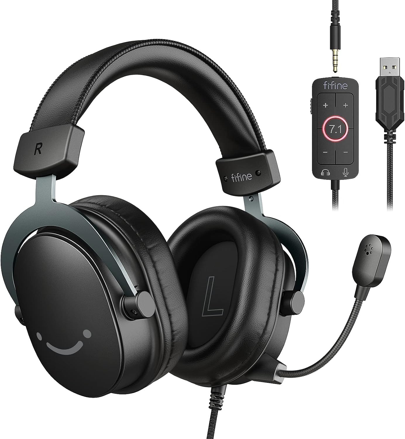 FIFINE Wired Gaming Headset, USB Headphone with 7.1 Surround Sound, Detachable Microphone, Control Box, 3.5mm Headphones Jack, Over-Ear Headset for PC/PS5/Xbox/Switch, Black-AmpliGame H9