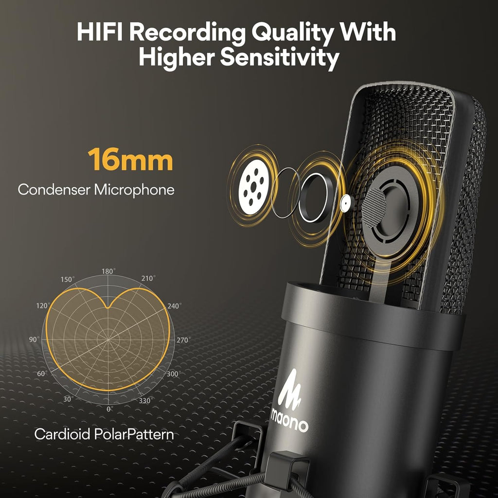USB Microphone, MAONO 192KHZ/24Bit Plug & Play PC Computer Podcast Condenser Cardioid Metal Mic Kit with Professional Sound Chipset for Recording, Gaming, Singing, YouTube (AU-A04)