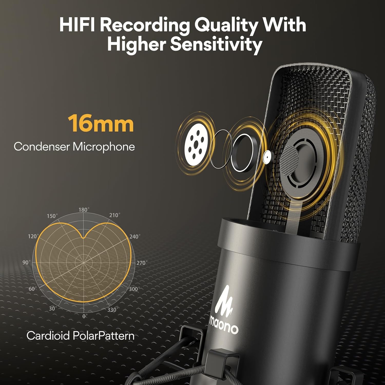USB Microphone, MAONO 192KHZ/24Bit Plug & Play PC Computer Podcast Condenser Cardioid Metal Mic Kit with Professional Sound Chipset for Recording, Gaming, Singing, YouTube (AU-A04)