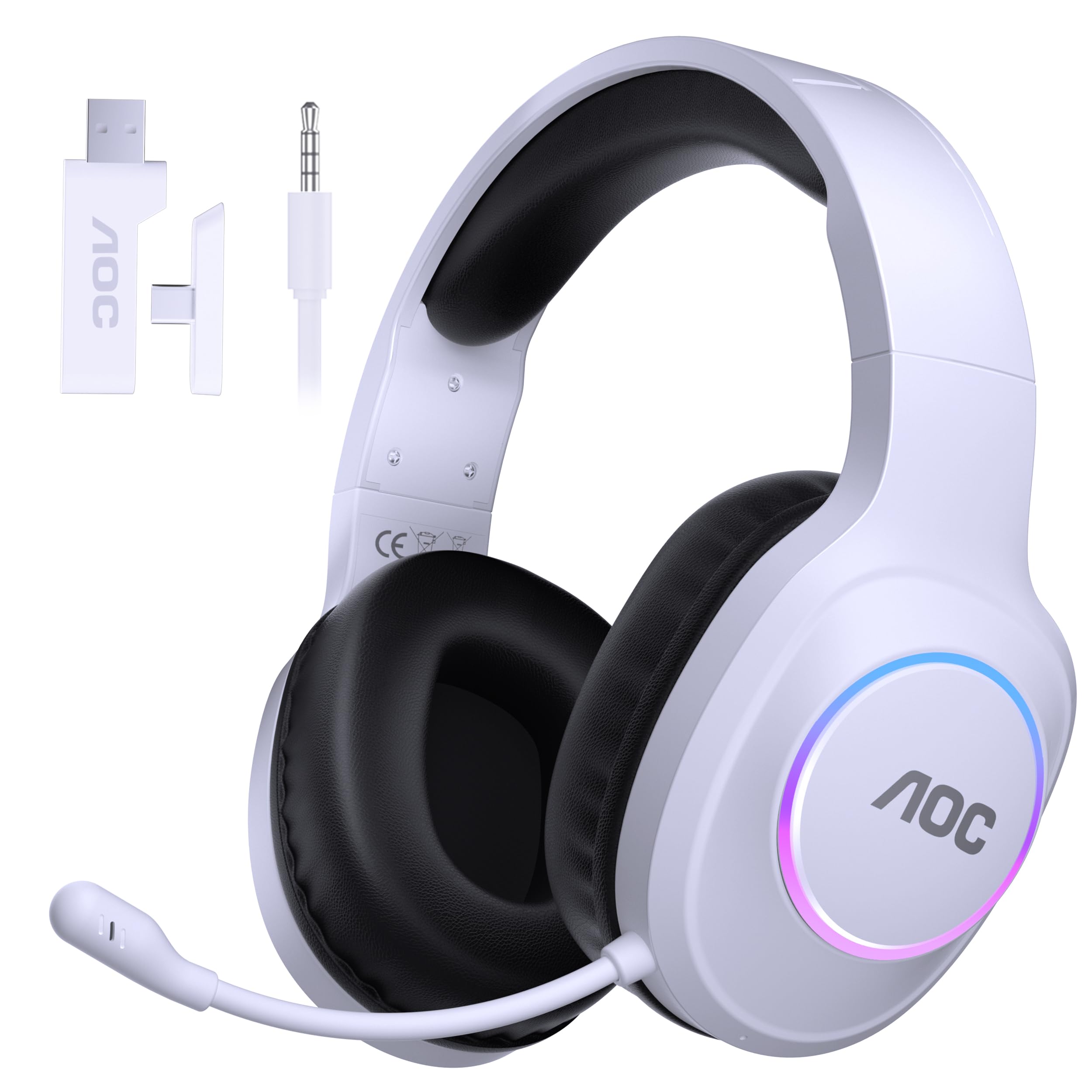 AOC Wireless Gaming Headset Compatible with PS5/4, Nintendo Switch, PC, Bluetooth 5.4 & 2.4GHz Gaming Headphones with Noise Canceling Mic, RGB, Type-C, 20ms Latency, 45H, 7.1 Virtual Surround- Black