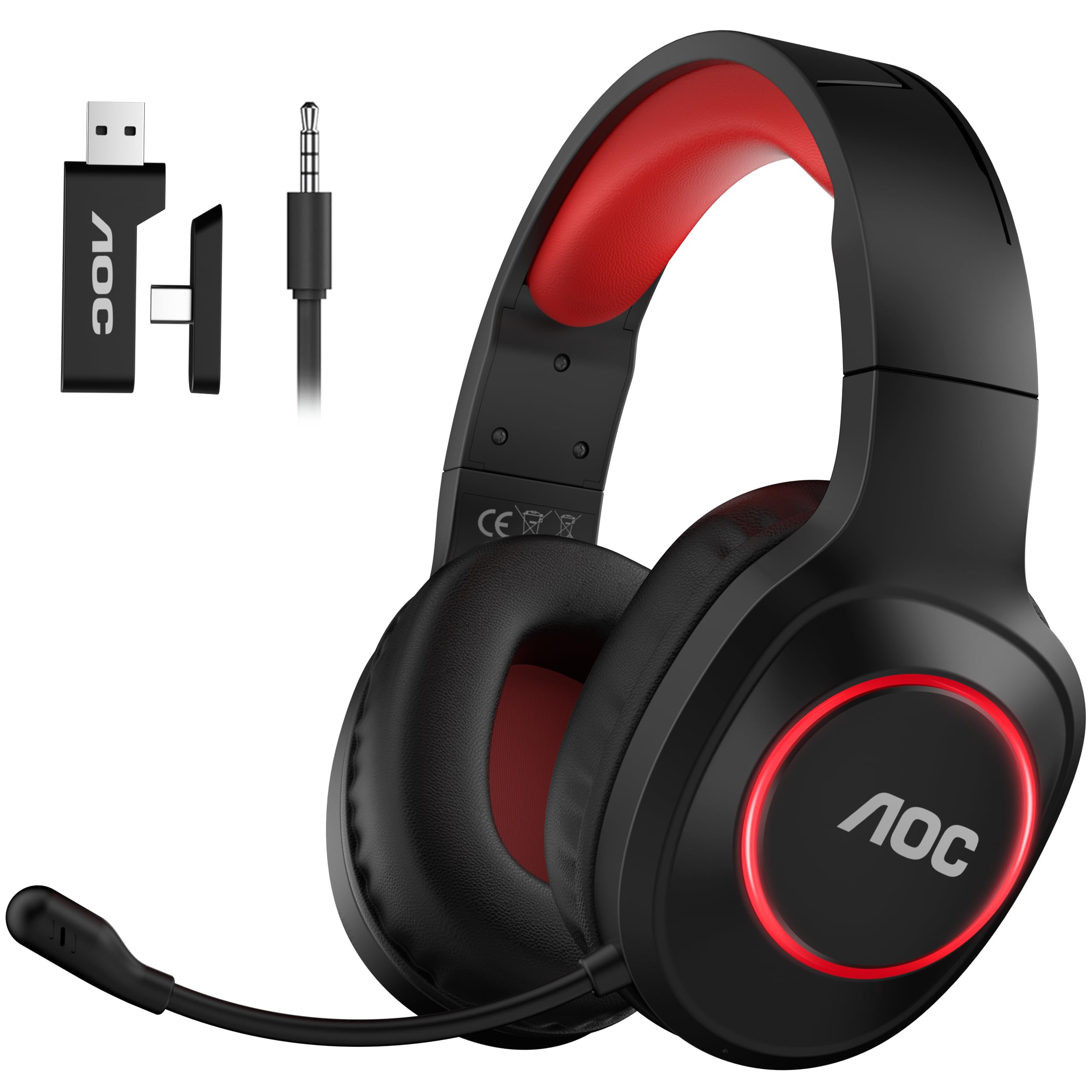 AOC Wireless Gaming Headset Compatible with PS5/4, Nintendo Switch, PC, Bluetooth 5.4 & 2.4GHz Gaming Headphones with Noise Canceling Mic, RGB, Type-C, 20ms Latency, 45H, 7.1 Virtual Surround- Black