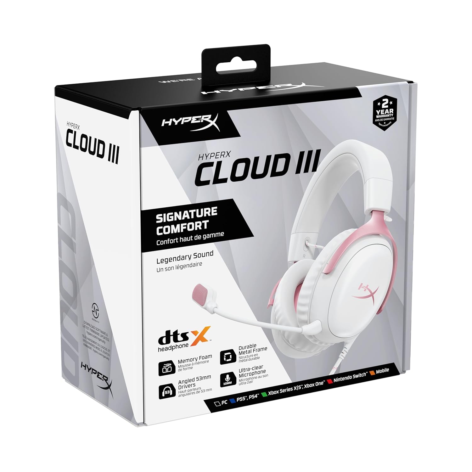 HyperX Cloud III – Wired Gaming Headset, PC, PS5, Xbox Series X|S, Angled 53mm Drivers, DTS, Memory Foam, Durable Frame, Ultra-Clear 10mm Mic, USB-C, USB-A, 3.5mm – Pink