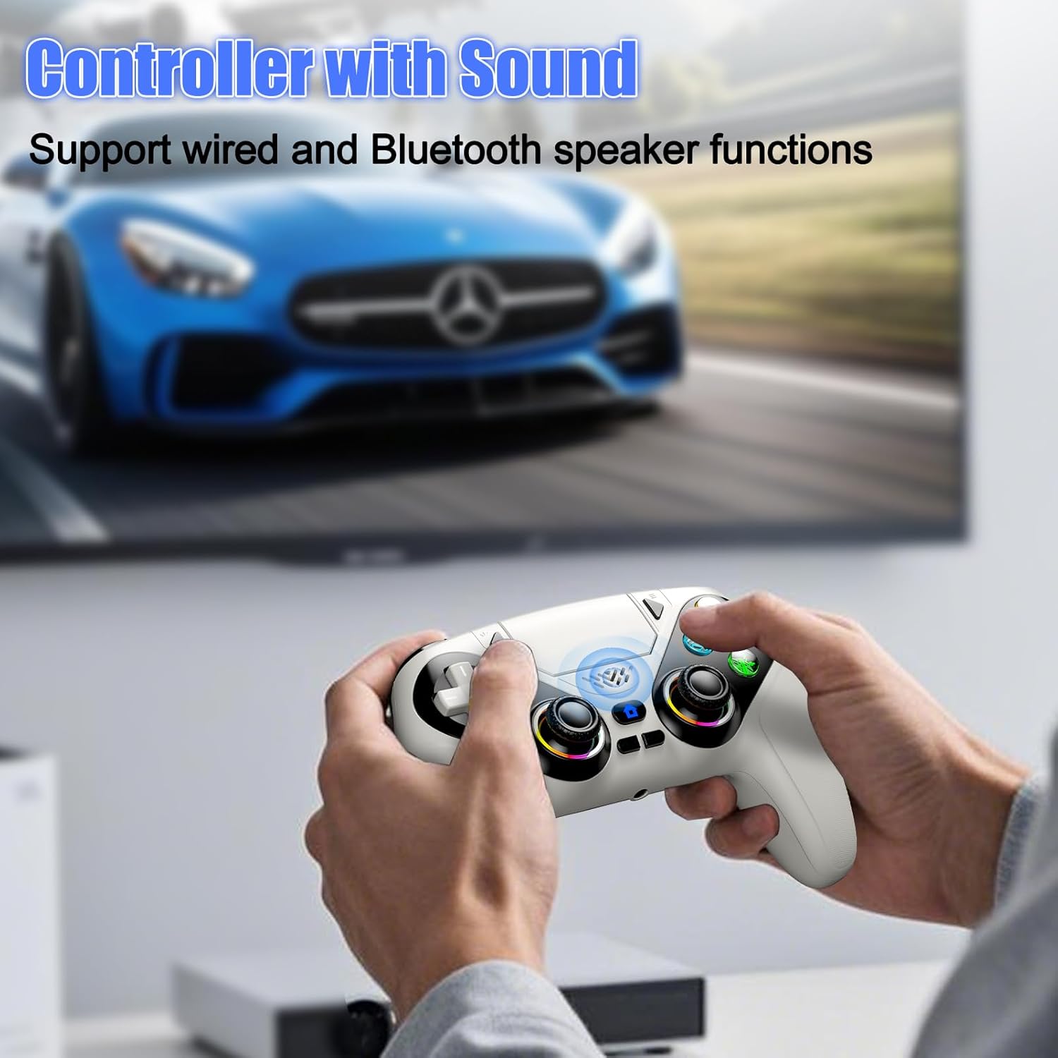 Gamrombo LED Wireless Controller for PS5, Compatible with PS5 Pro/Slim/PC, Dual Vibration, Macro/Turbo Function, 3.5mm Audio Jack, 6-Axis Motion Contro Gamepad with Speaker(White)
