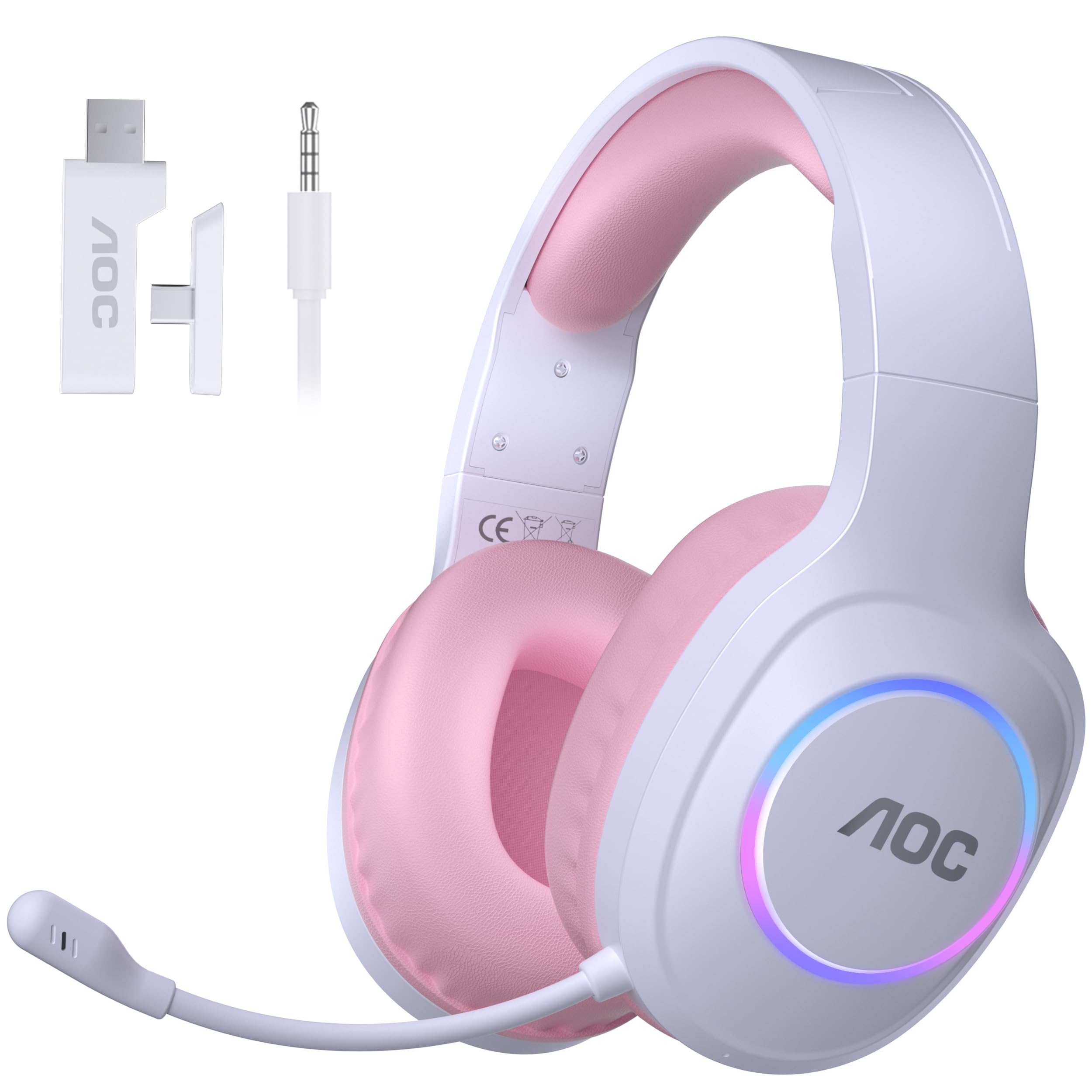 AOC Wireless Gaming Headset Compatible with PS5/4, Nintendo Switch, PC, Bluetooth 5.4 & 2.4GHz Gaming Headphones with Noise Canceling Mic, RGB, Type-C, 20ms Latency, 45H, 7.1 Virtual Surround- Black