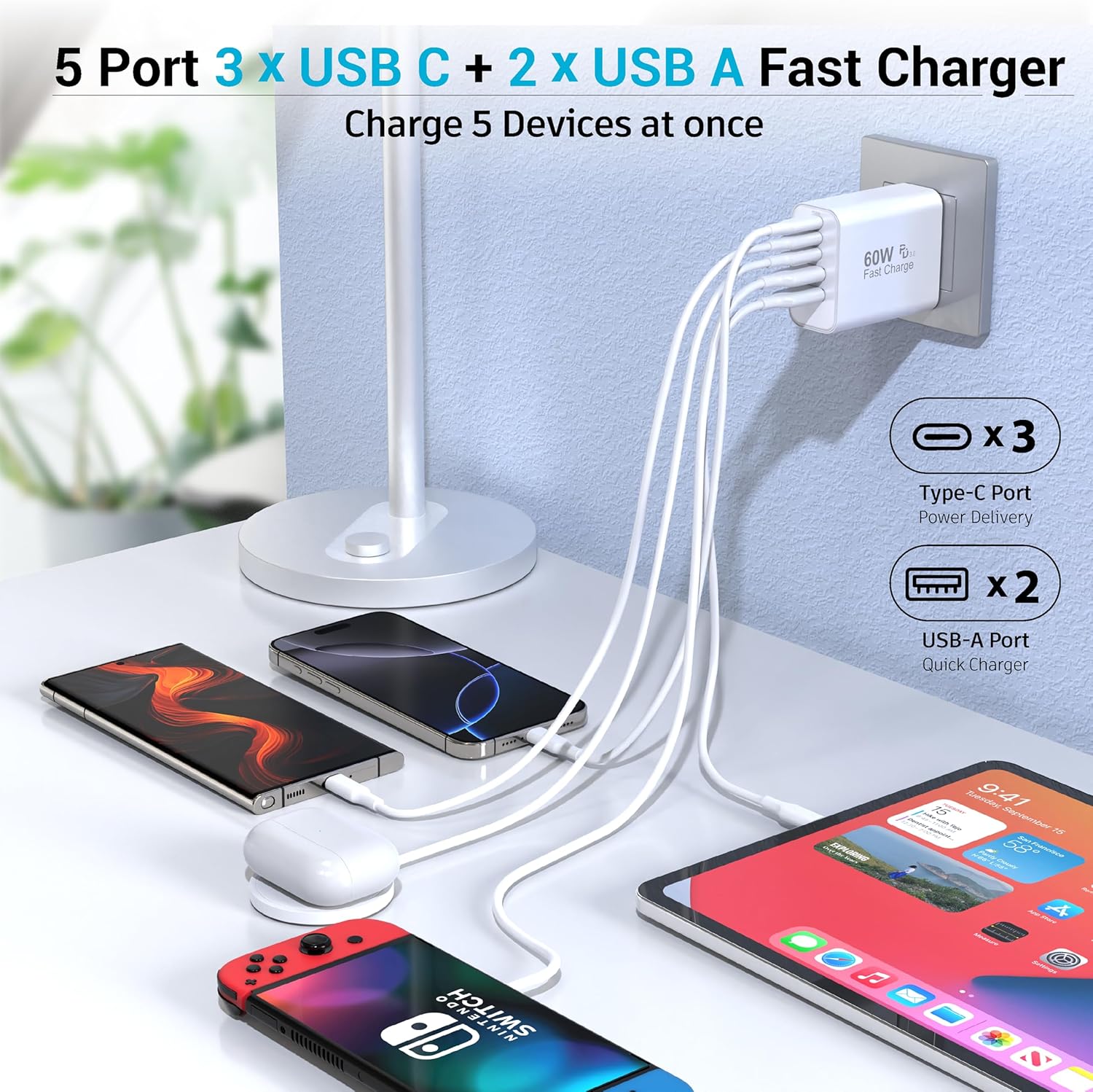 USB C Charger Block, 2-Pack 60W 5 Ports USBC Wall Charger Plug Fast Charging, iPhone Charger QC Multiport PD Adapter Chargers, Type C Box Brick Cube for iPhone 17 16 15 14 13 12 Pro Max,Samsung